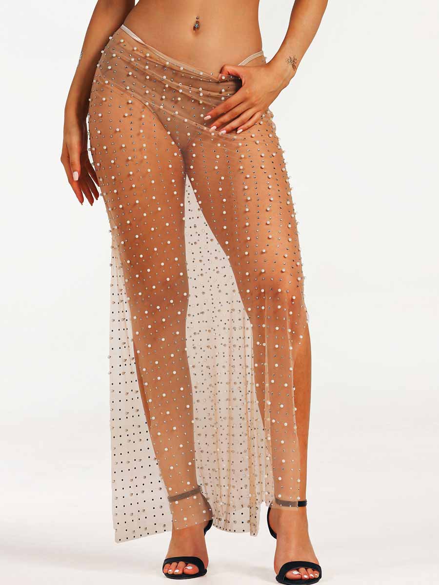 Rhinestone Pearl Sheer Straight Long Skirt - Image 4