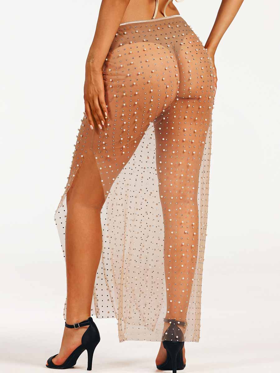 Rhinestone Pearl Sheer Straight Long Skirt - Image 5