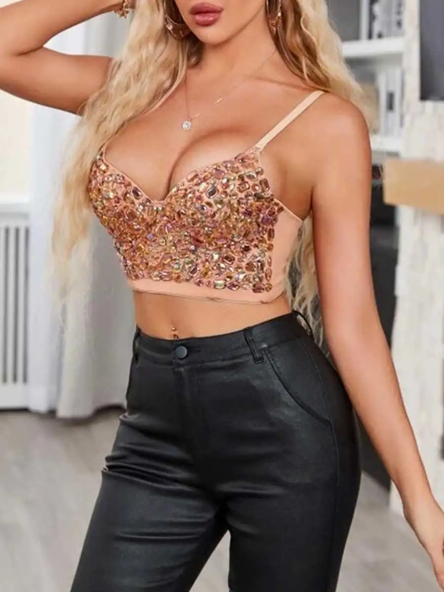 Sexy Skinny Khaki Rhinestone Push Up Bra - Image 4