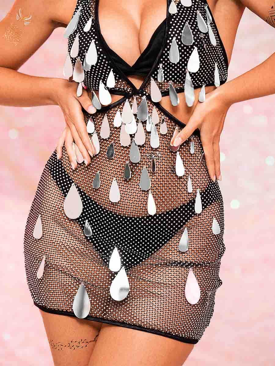 Rhinestone Sequin Dress - Deep V Hollow Mini Dress