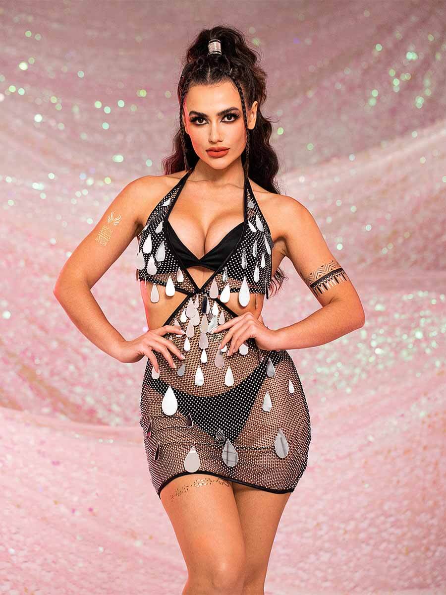 Rhinestone Sequin Dress - Deep V Hollow Mini Dress - Image 2