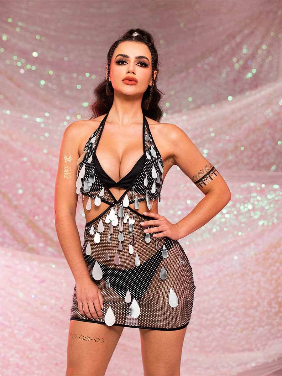 Rhinestone Sequin Dress - Deep V Hollow Mini Dress - Image 3