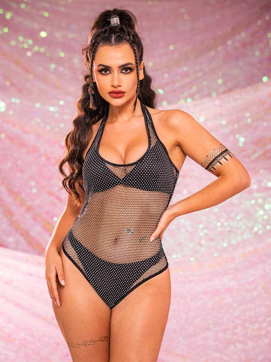 Rhinestone Sheer Mesh Bodysuit - Black Sleeveless Bodysuit - Image 4