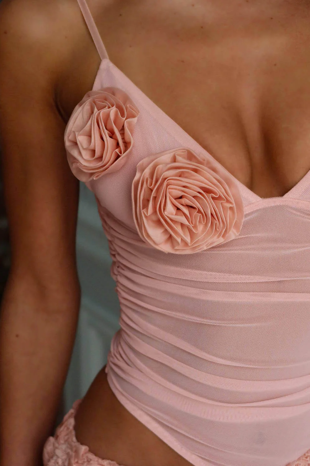 Rosette V Neck Cami Bodysuit Textured Mini Skirt 2pcs Set-Pink Pre Order - Image 5