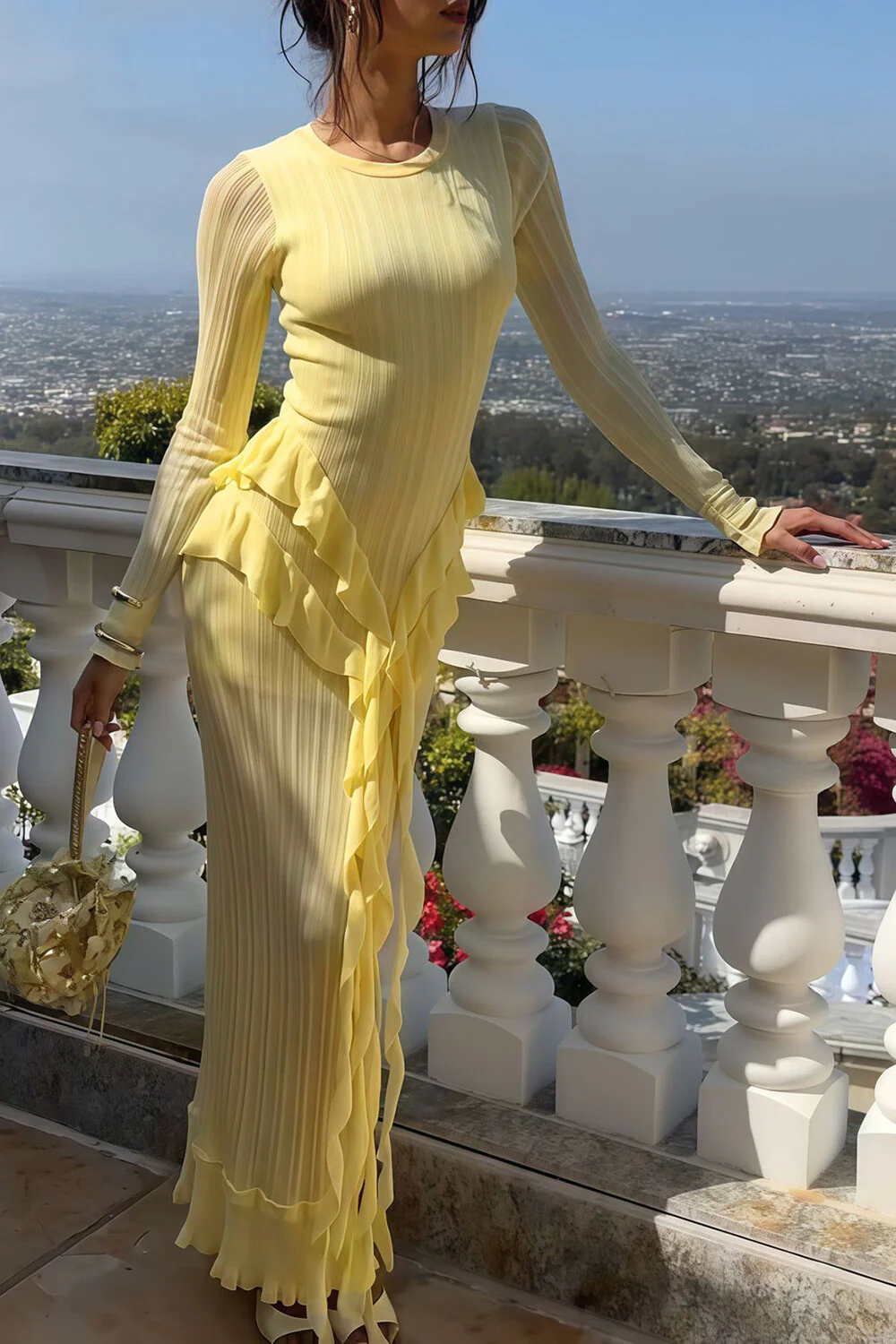 Round Neck Long Sleeve Ruffled Trim Slim Fit Maxi Dresses-Yellow - Image 2