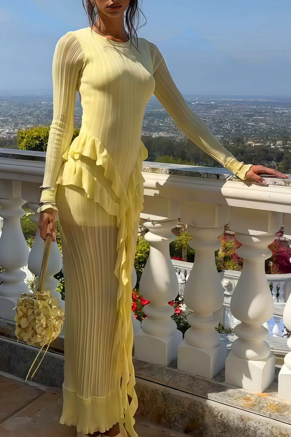Round Neck Long Sleeve Ruffled Trim Slim Fit Maxi Dresses-Yellow - Image 3