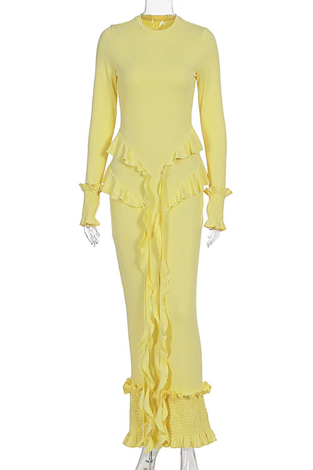 Round Neck Long Sleeve Ruffled Trim Slim Fit Maxi Dresses-Yellow - Image 7