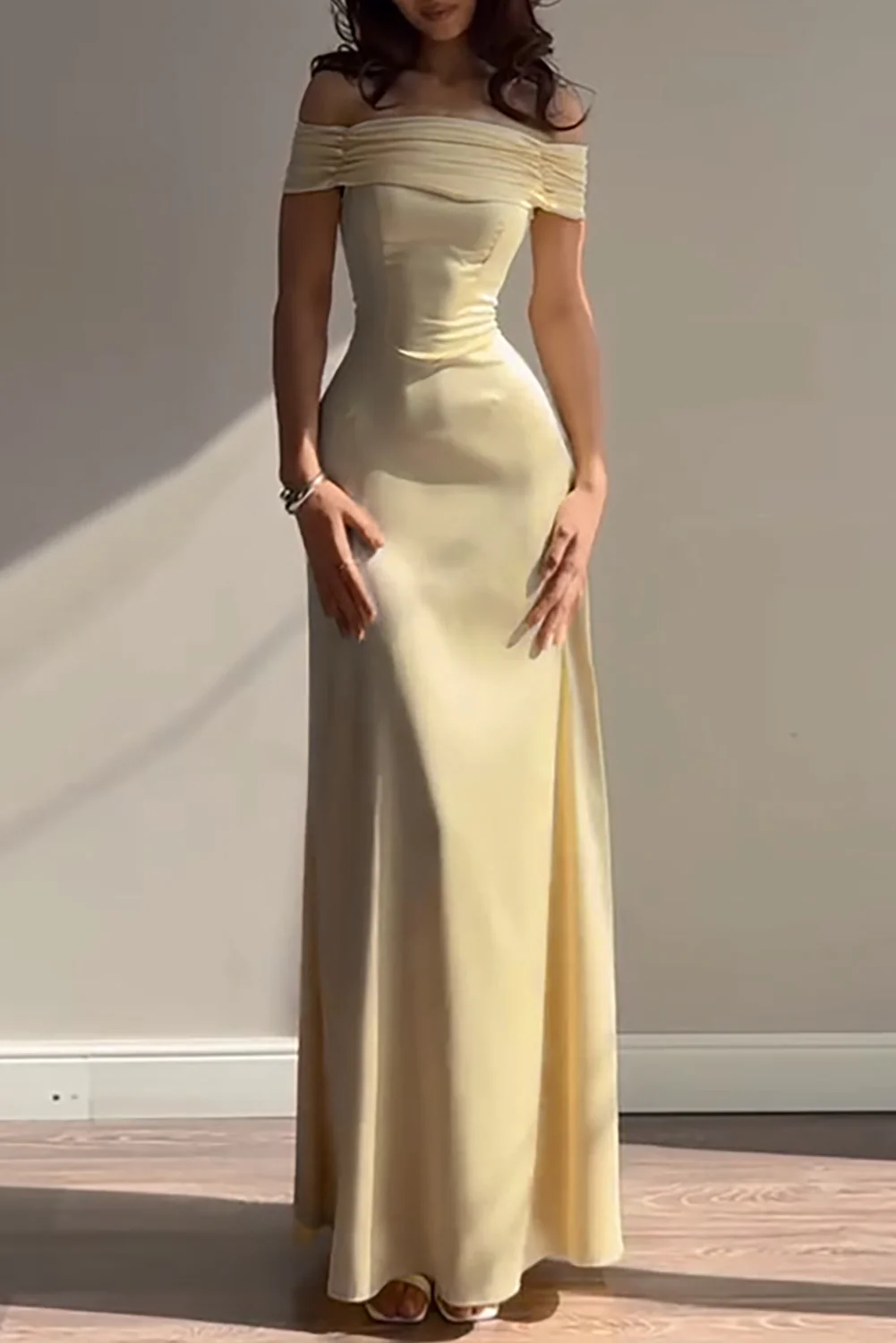 Ruched Off Shoulder Back Lace Up Cinch Waist Plain Gowns Maxi Dresses-Yellow