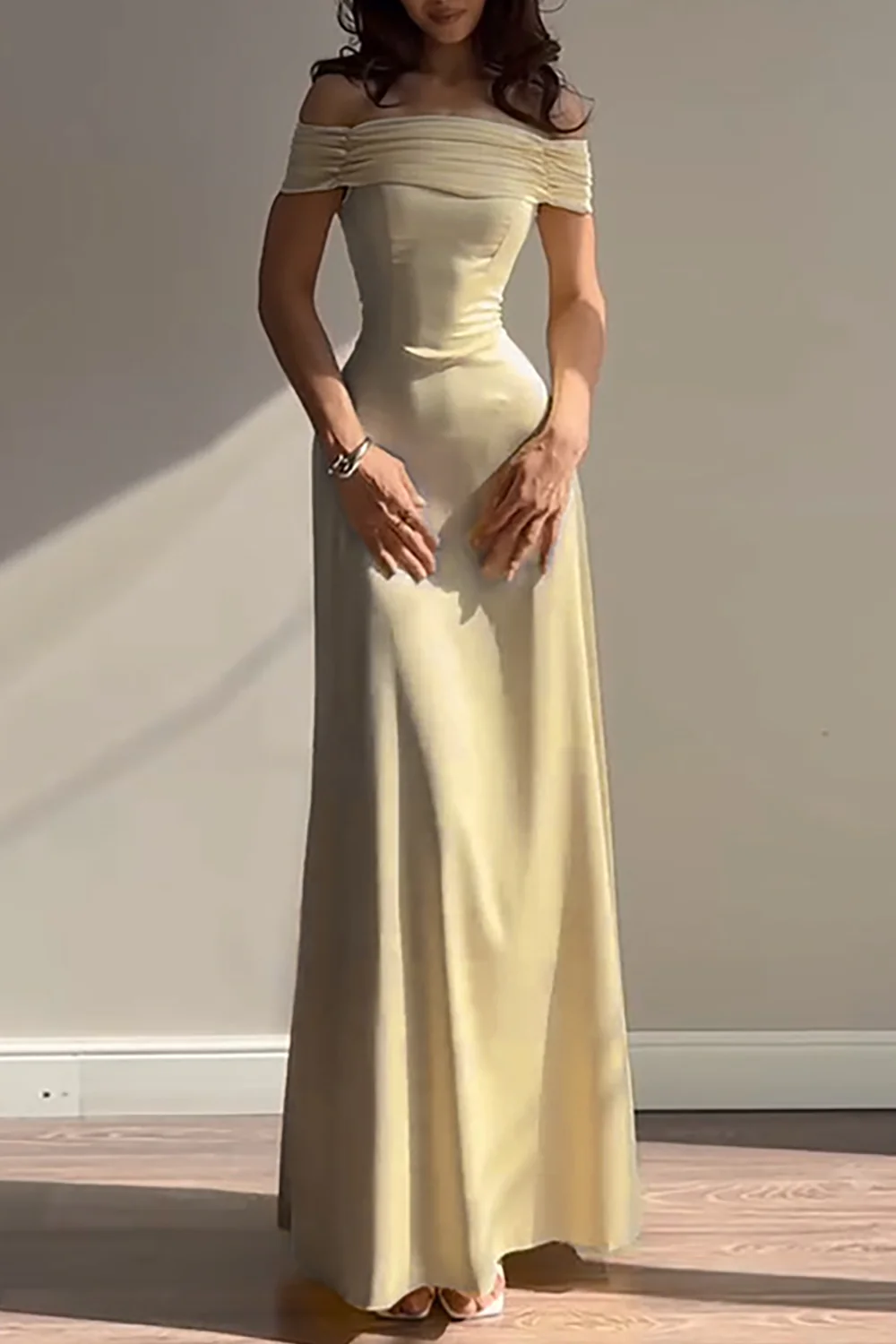 Ruched Off Shoulder Back Lace Up Cinch Waist Plain Gowns Maxi Dresses-Yellow - Image 2