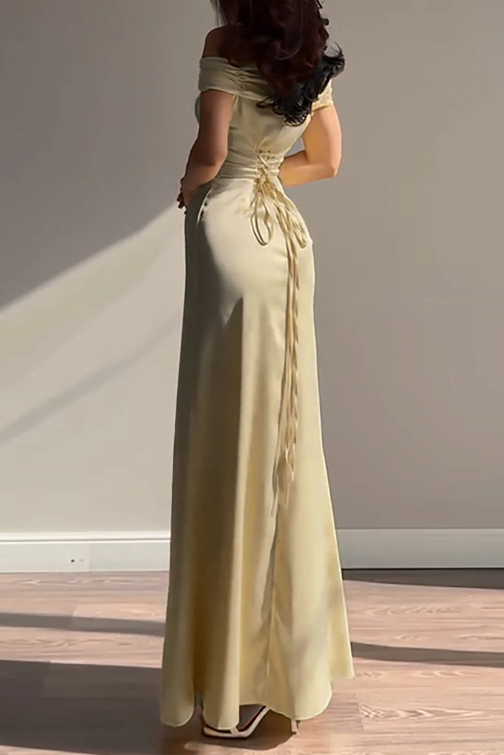 Ruched Off Shoulder Back Lace Up Cinch Waist Plain Gowns Maxi Dresses-Yellow - Image 3