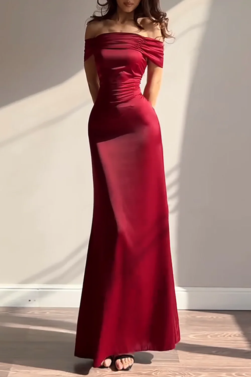 Ruched Off Shoulder Back Lace Up Cinch Waist Plain Gowns Maxi Dresses-Yellow - Image 4