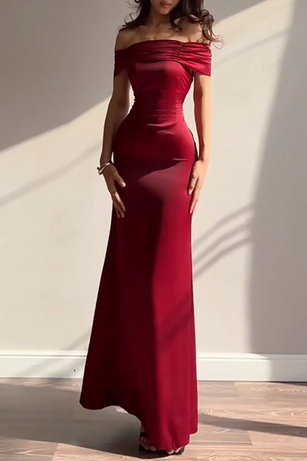 Ruched Off Shoulder Back Lace Up Cinch Waist Plain Gowns Maxi Dresses-Yellow - Image 5