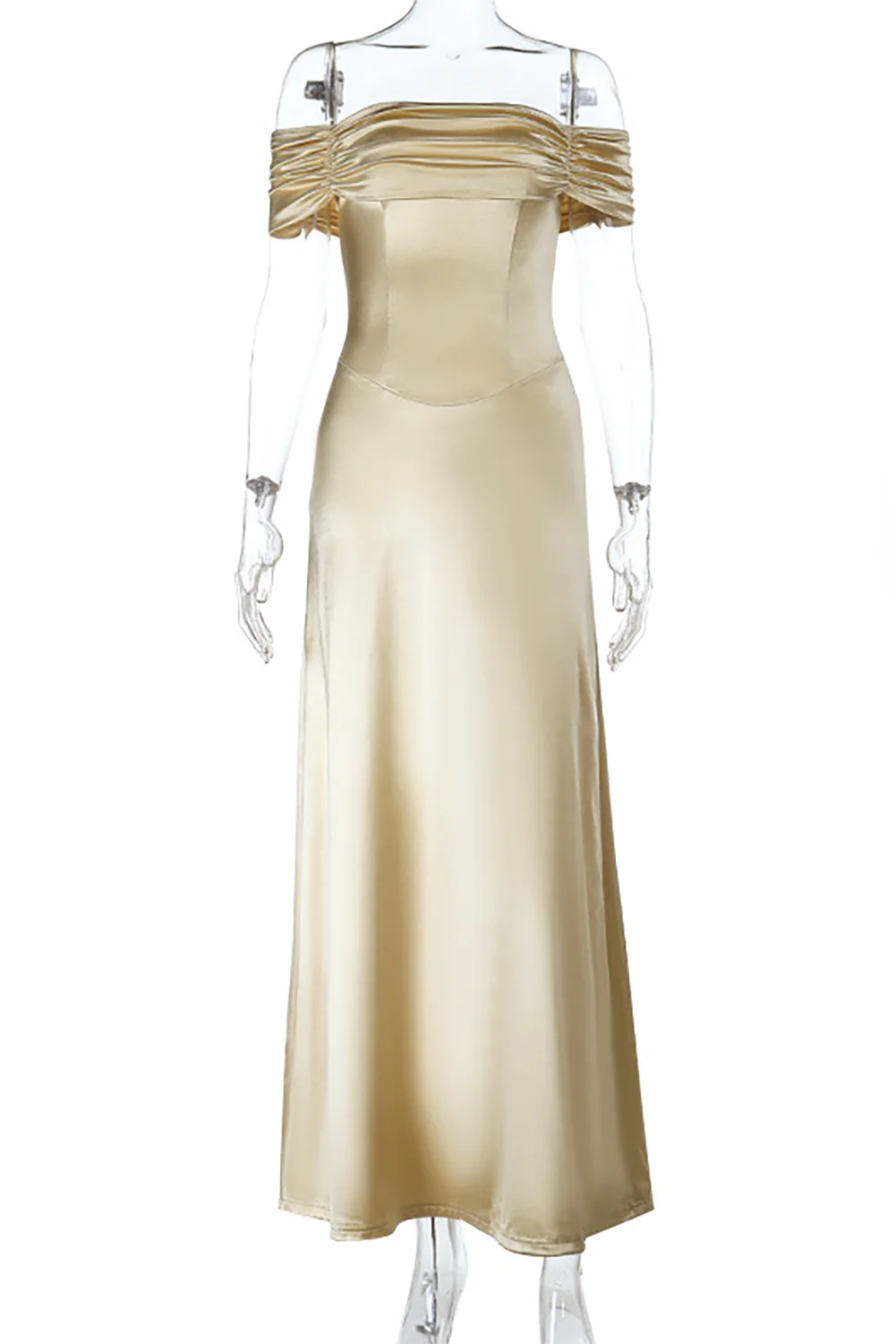 Ruched Off Shoulder Back Lace Up Cinch Waist Plain Gowns Maxi Dresses-Yellow - Image 7