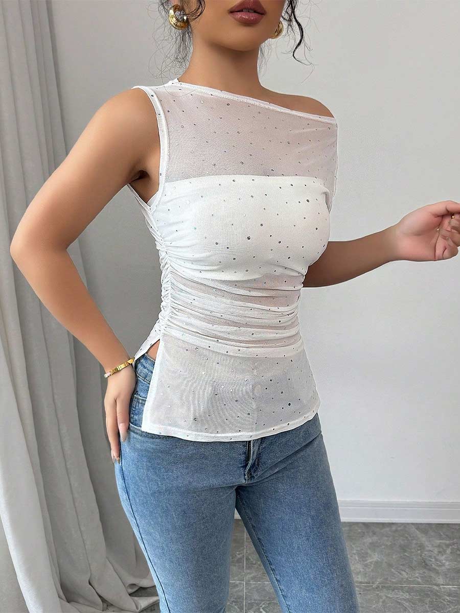 Sequin Asymmetrical Neck Ruched Hem Summer T-Shirt - Image 4