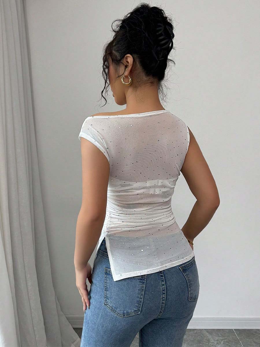 Sequin Asymmetrical Neck Ruched Hem Summer T-Shirt - Image 7