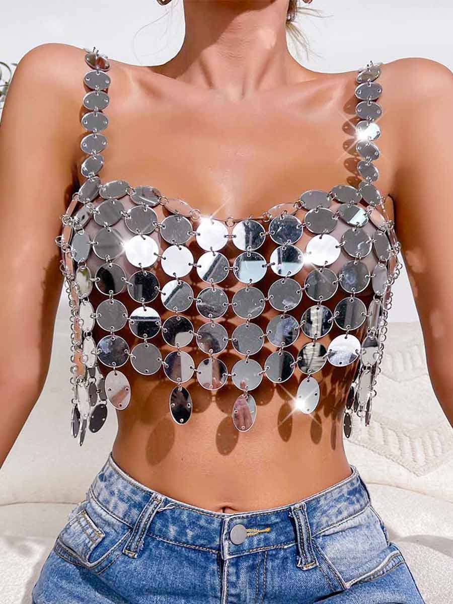 Sequin Bra Silver - Sparkly Large Round Camisole Top - Image 3