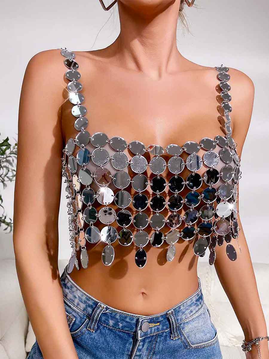 Sequin Bra Silver - Sparkly Large Round Camisole Top - Image 4