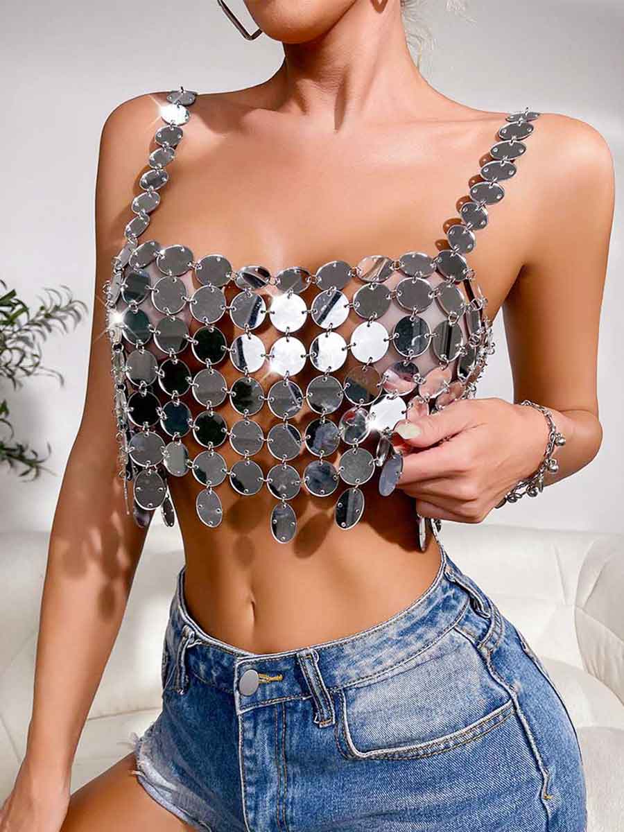 Sequin Bra Silver - Sparkly Large Round Camisole Top - Image 5