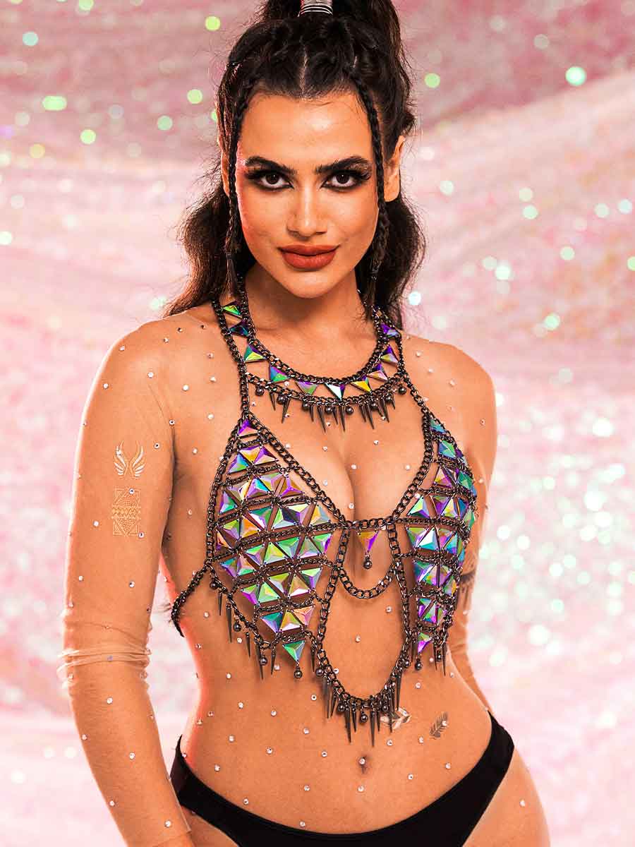Sequin Chain Bra - Metallic Chain Colorful Glitter Bra Top - Image 4