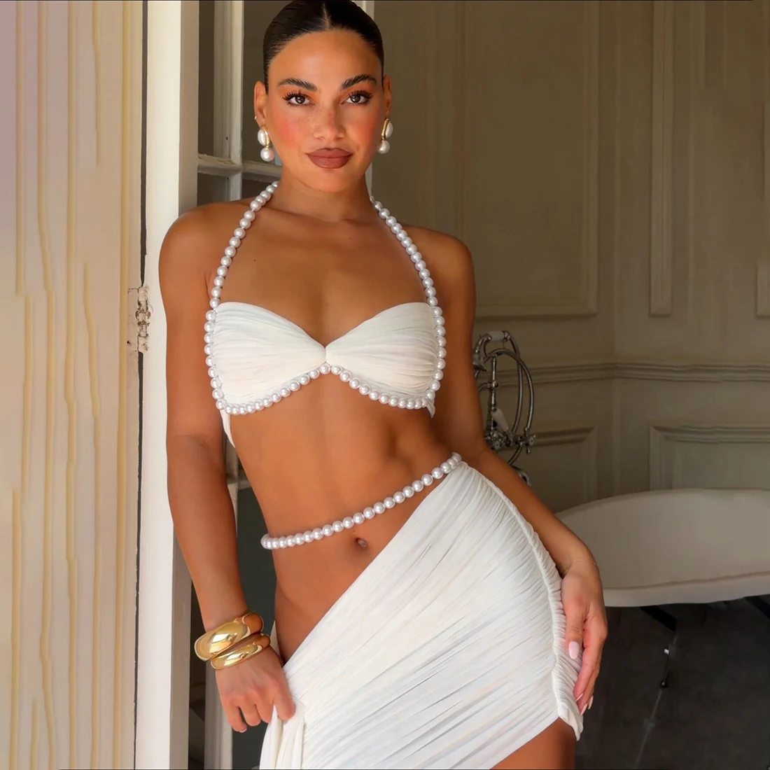 Sequin Cutout Ruched Bodycon Crochet Halter Mini Dresses OffWhite - Image 4