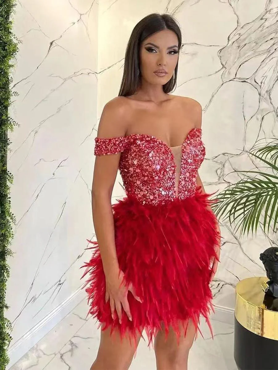 Sequin Feather Off-Shoulder Mini Dress - Image 2