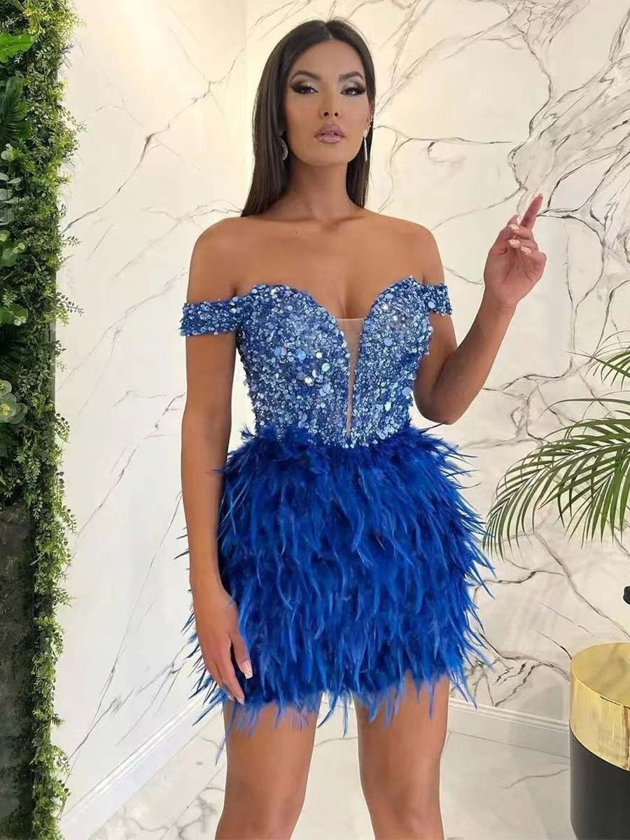 Sequin Feather Off-Shoulder Mini Dress - Image 3