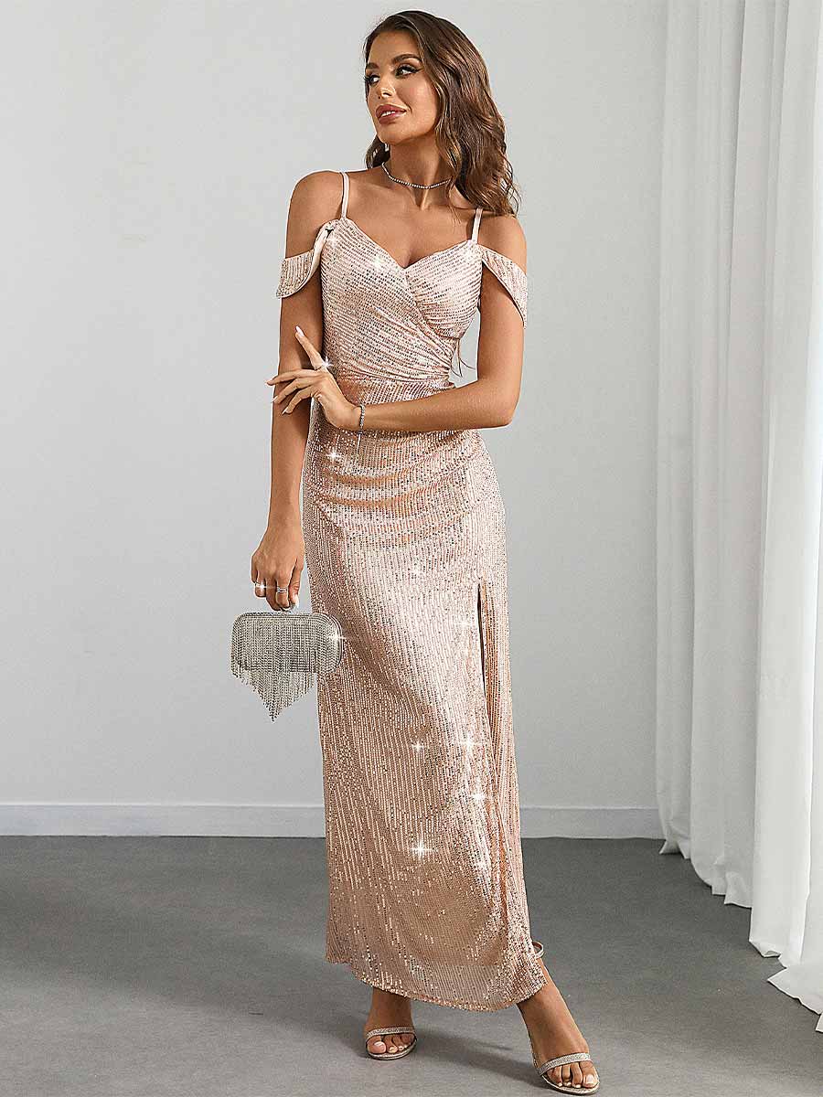 Sequin Flutter Sleeve Slit Spaghetti Strap Party Gown - Image 4