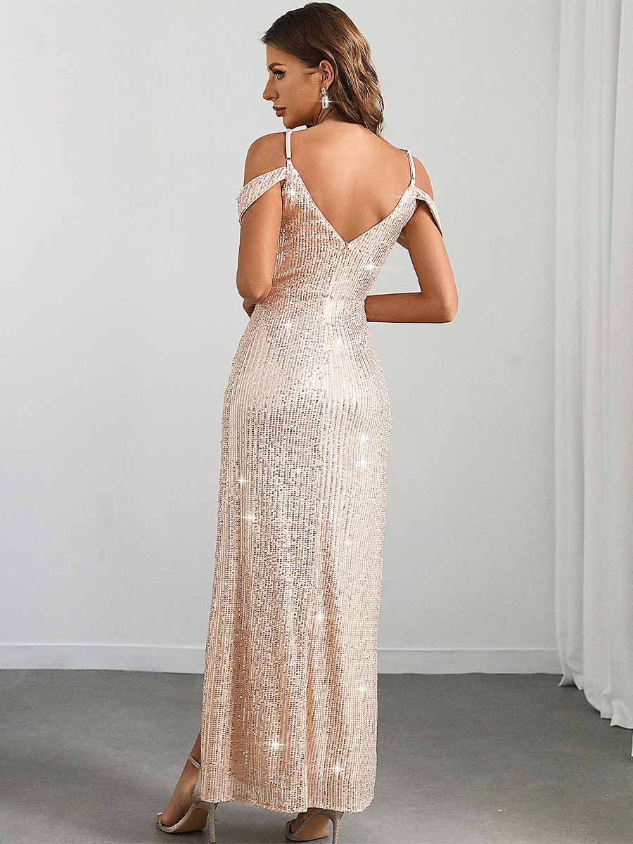 Sequin Flutter Sleeve Slit Spaghetti Strap Party Gown - Image 5
