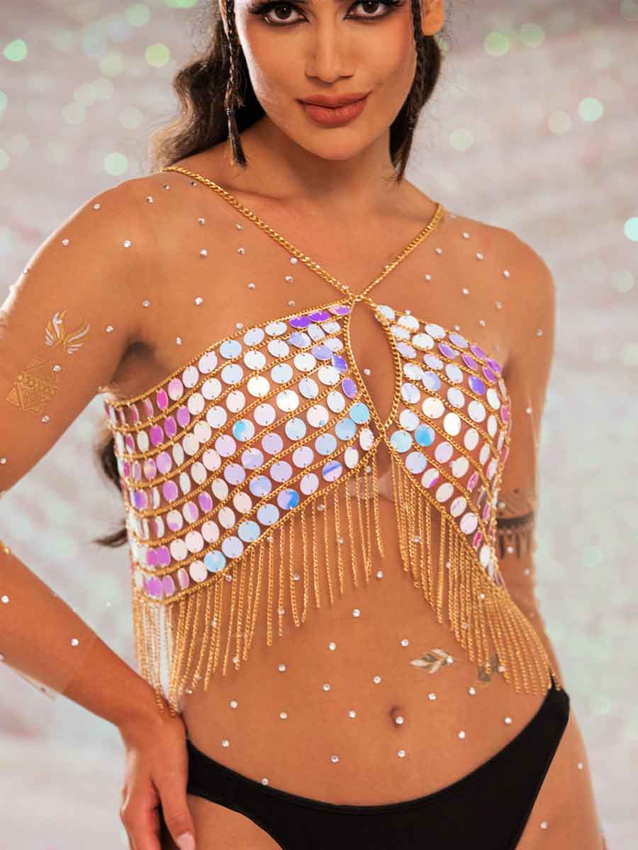 Sequin Fringe Top â€?Metallic Chain Fringe Sparkly Top - Image 2
