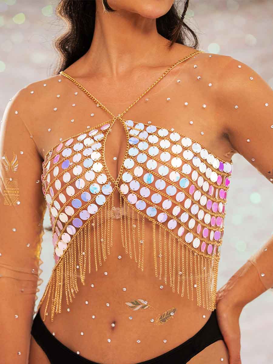 Sequin Fringe Top â€?Metallic Chain Fringe Sparkly Top - Image 4
