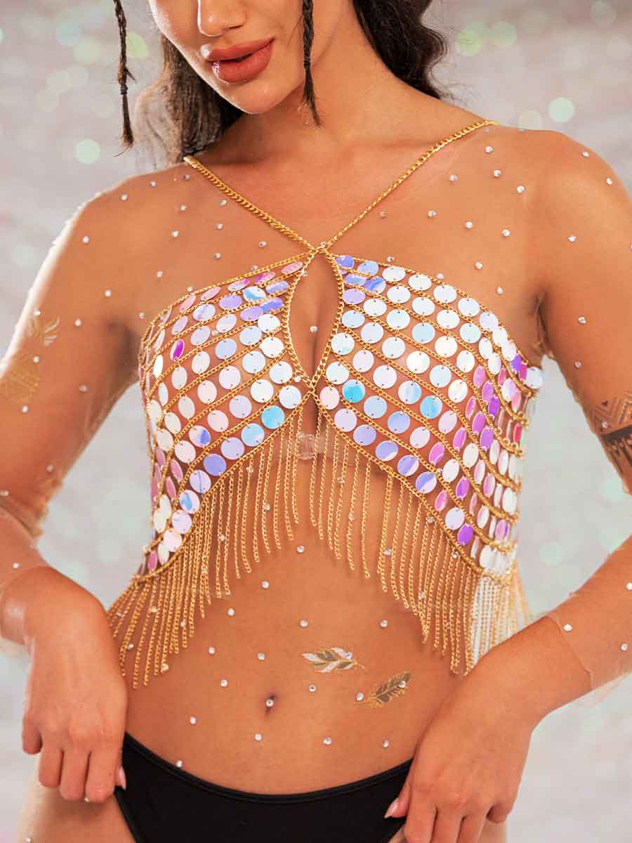 Sequin Fringe Top â€?Metallic Chain Fringe Sparkly Top - Image 5