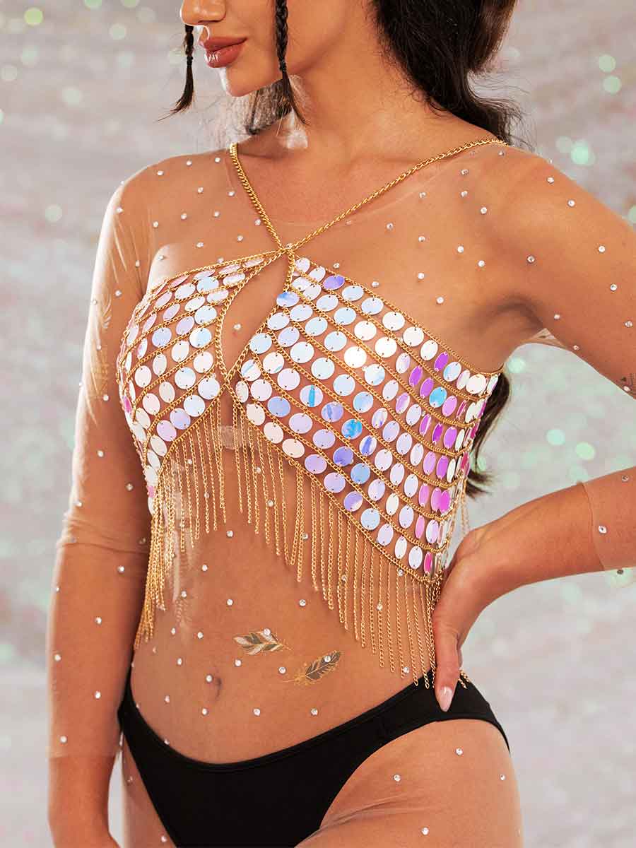 Sequin Fringe Top â€?Metallic Chain Fringe Sparkly Top - Image 6