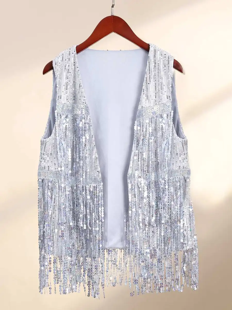 Sleeveless Cardigan Silver Sequin Fringe Vest Jacket - Image 2