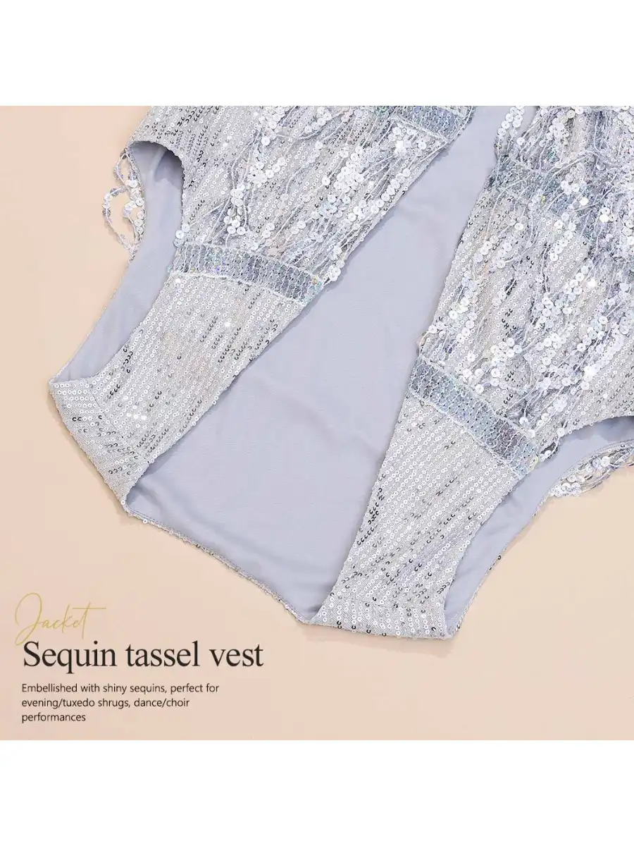 Sleeveless Cardigan Silver Sequin Fringe Vest Jacket - Image 4