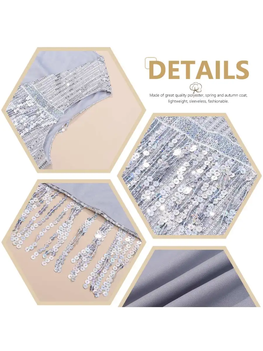 Sleeveless Cardigan Silver Sequin Fringe Vest Jacket - Image 5