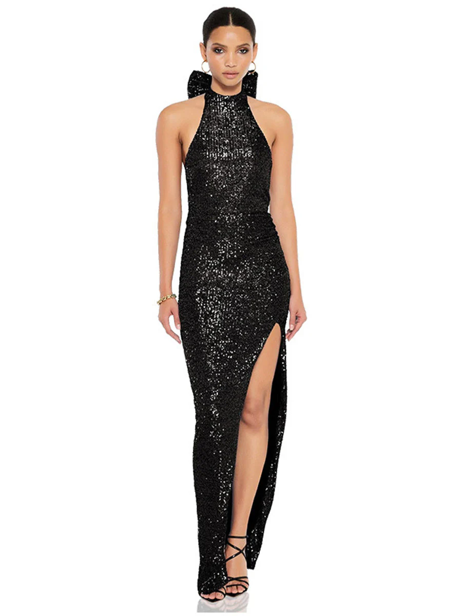 Sequin Halter Backless Party Dress with Statement Bow