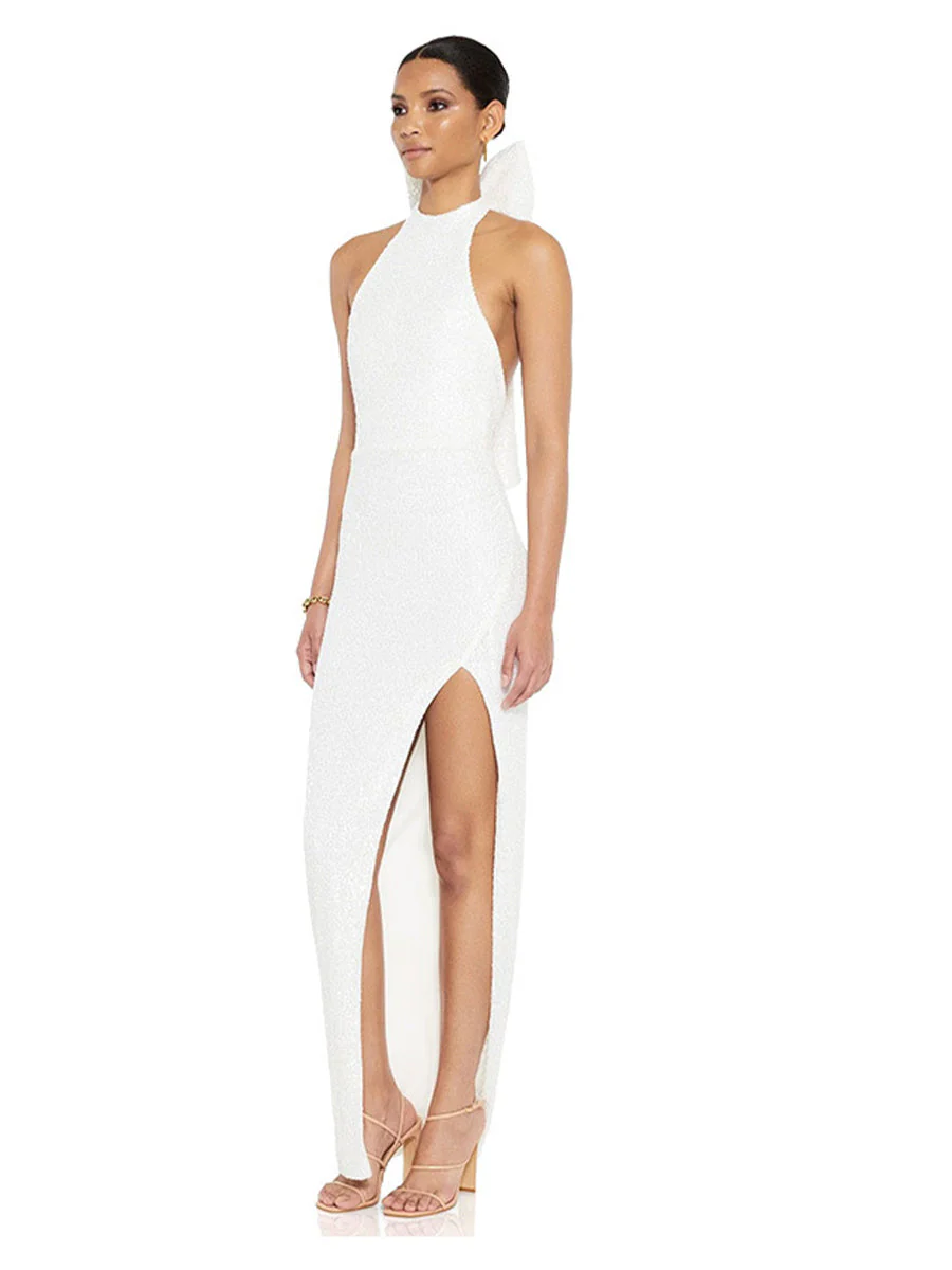 Sequin Halter Backless Party Dress with Statement Bow - Image 2