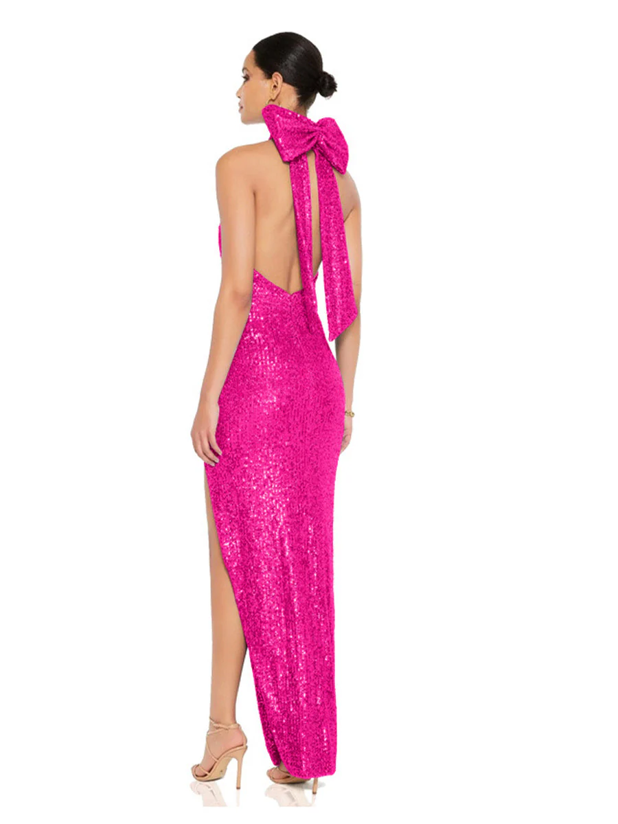 Sequin Halter Backless Party Dress with Statement Bow - Image 3