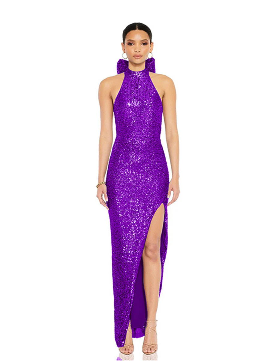 Sequin Halter Backless Party Dress with Statement Bow - Image 4