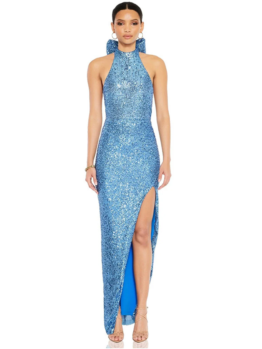 Sequin Halter Backless Party Dress with Statement Bow - Image 7