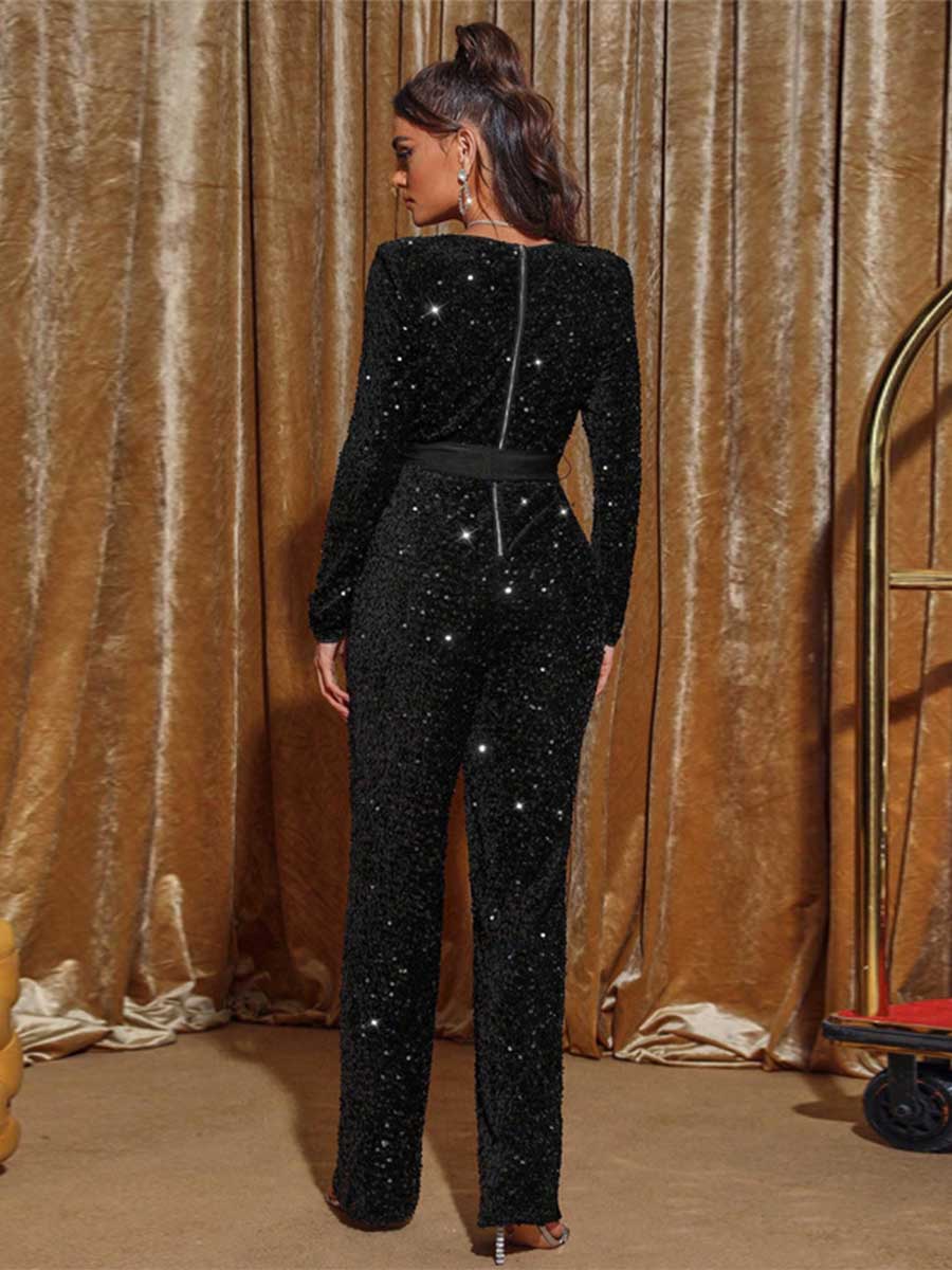 Sequin Long Sleeve Tie-Waist Jumpsuit with Bow Detail - Image 3