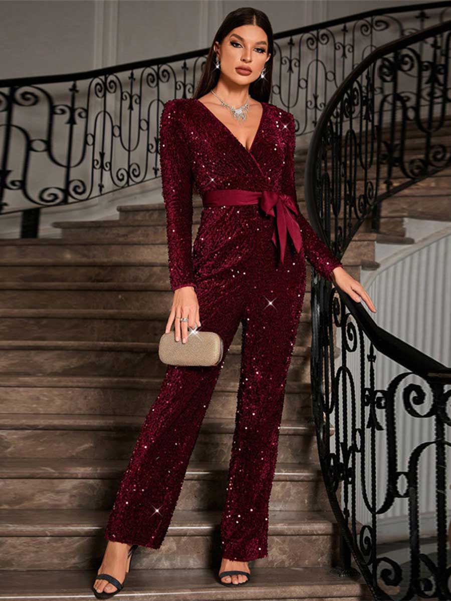 Sequin Long Sleeve Tie-Waist Jumpsuit with Bow Detail - Image 4