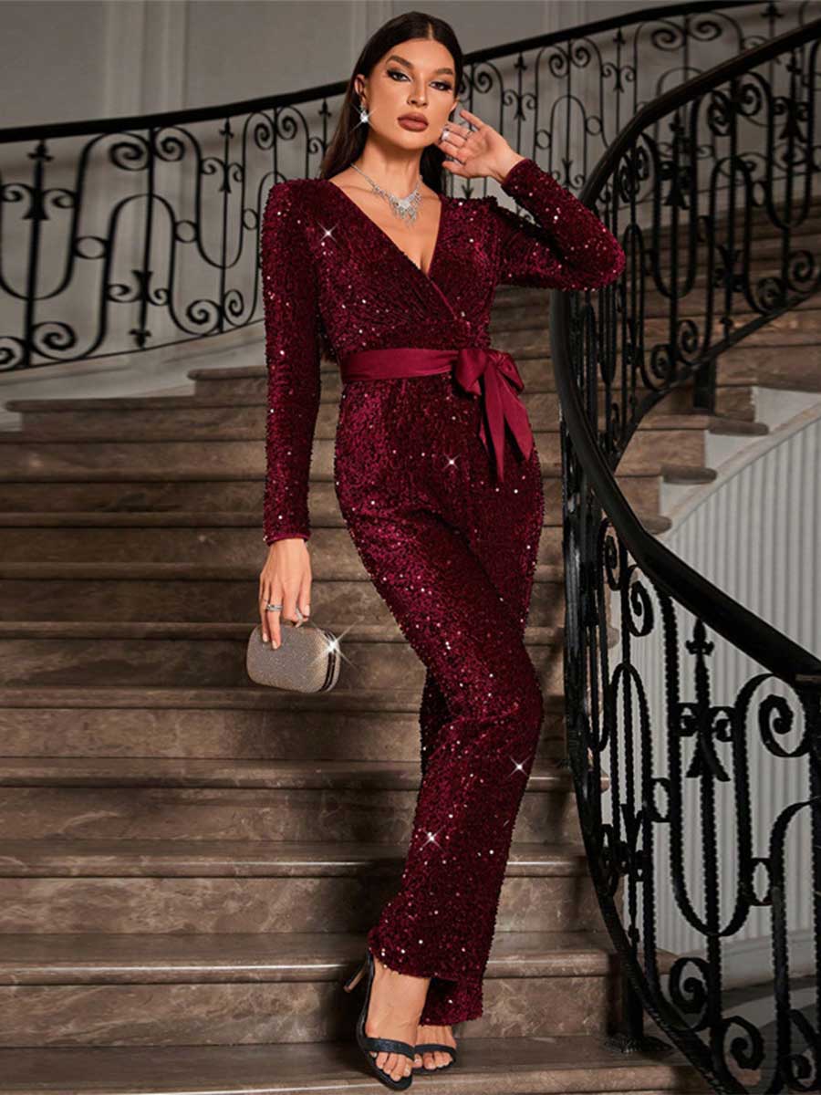 Sequin Long Sleeve Tie-Waist Jumpsuit with Bow Detail - Image 5