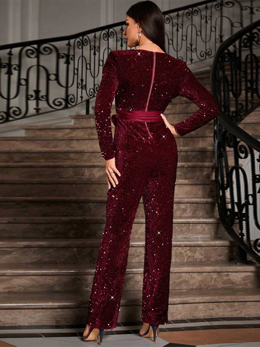 Sequin Long Sleeve Tie-Waist Jumpsuit with Bow Detail - Image 6