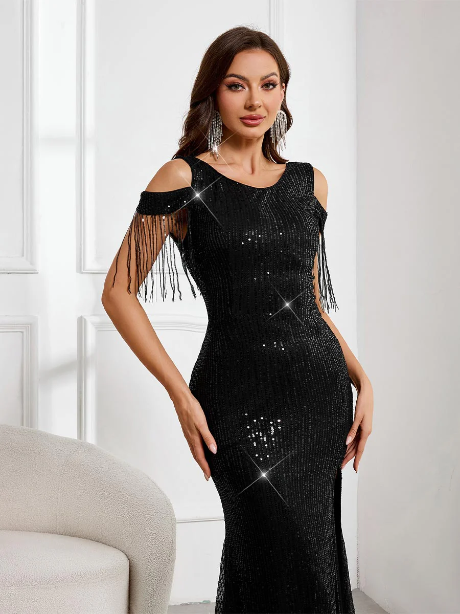 Sequin Maxi Gown with Flowing Sleeves and High Slit - Image 6