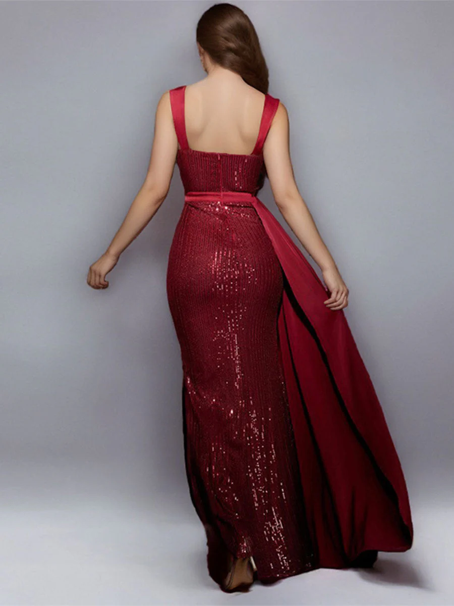 Sequin Mermaid Gown with Waist Cape and Front Slit - Image 2