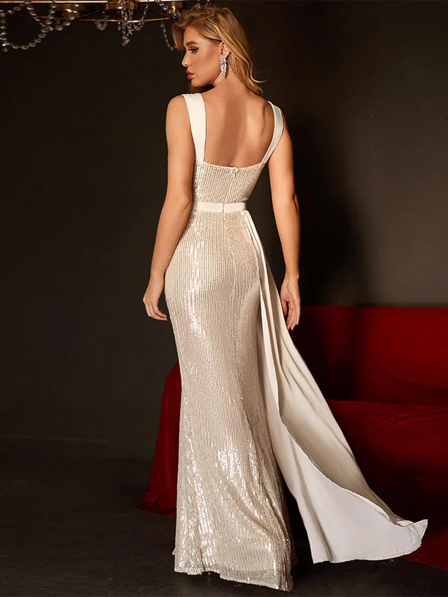 Sequin Mermaid Gown with Waist Cape and Front Slit - Image 4