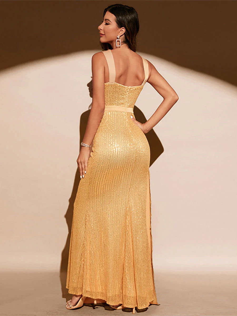Sequin Mermaid Gown with Waist Cape and Front Slit - Image 6