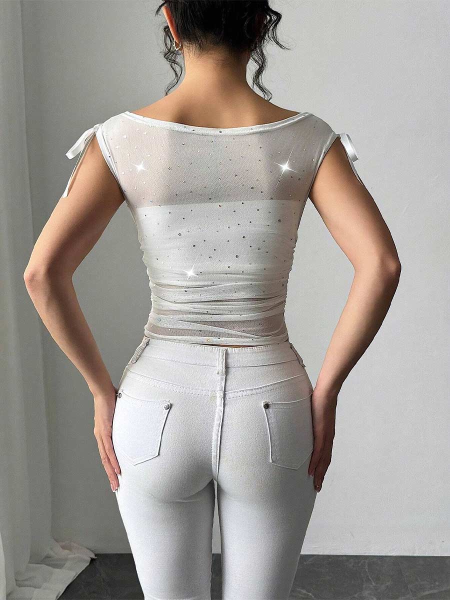 Sequin Mesh Bow Detail Ruched Summer T-Shirt - Image 6