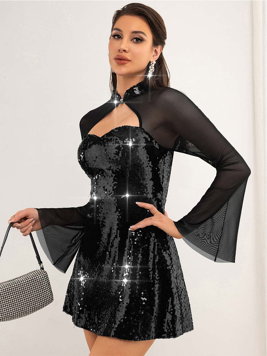 Sequin & Mesh Panel Tube Top Dress with Flared Sleeves - Image 5